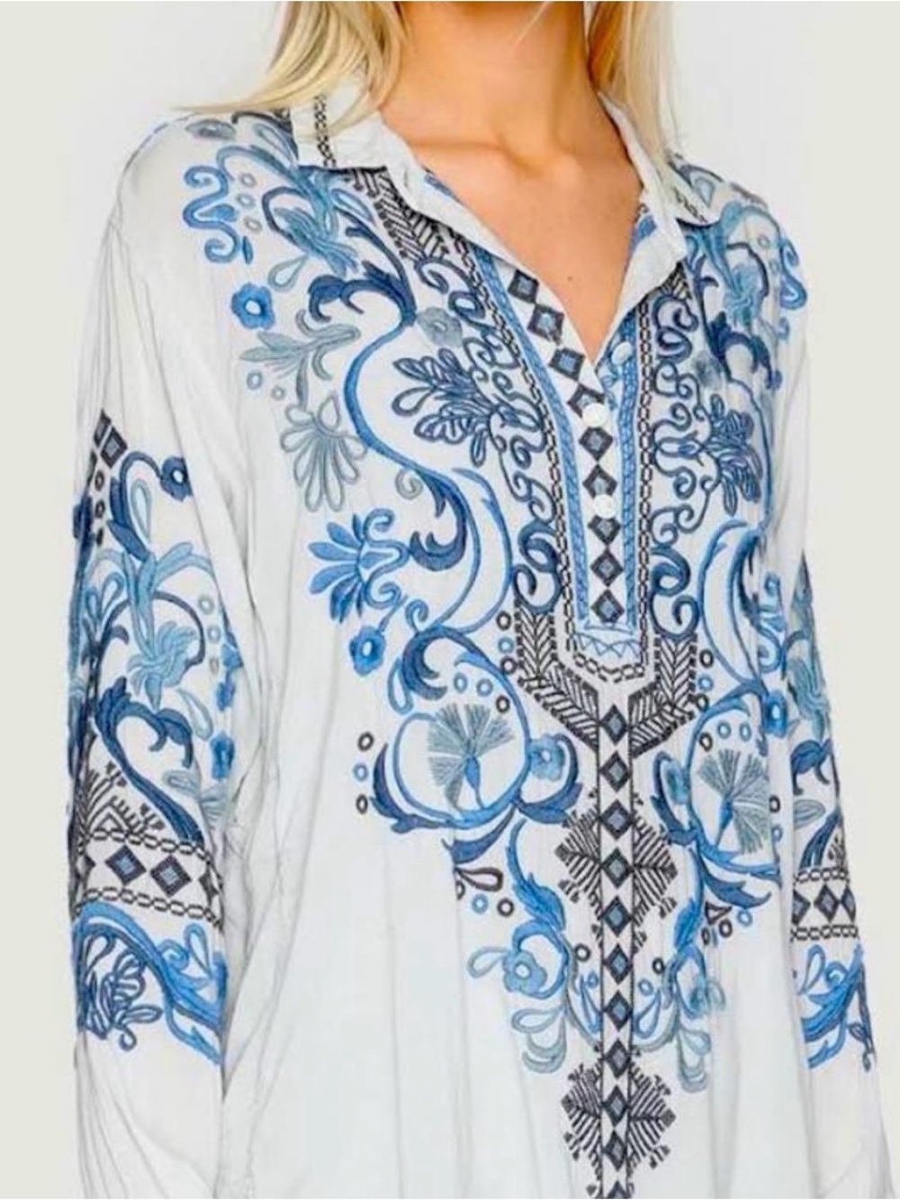 Biya by Johnny Was Platinum Poetry Embroidered Boho Tunic